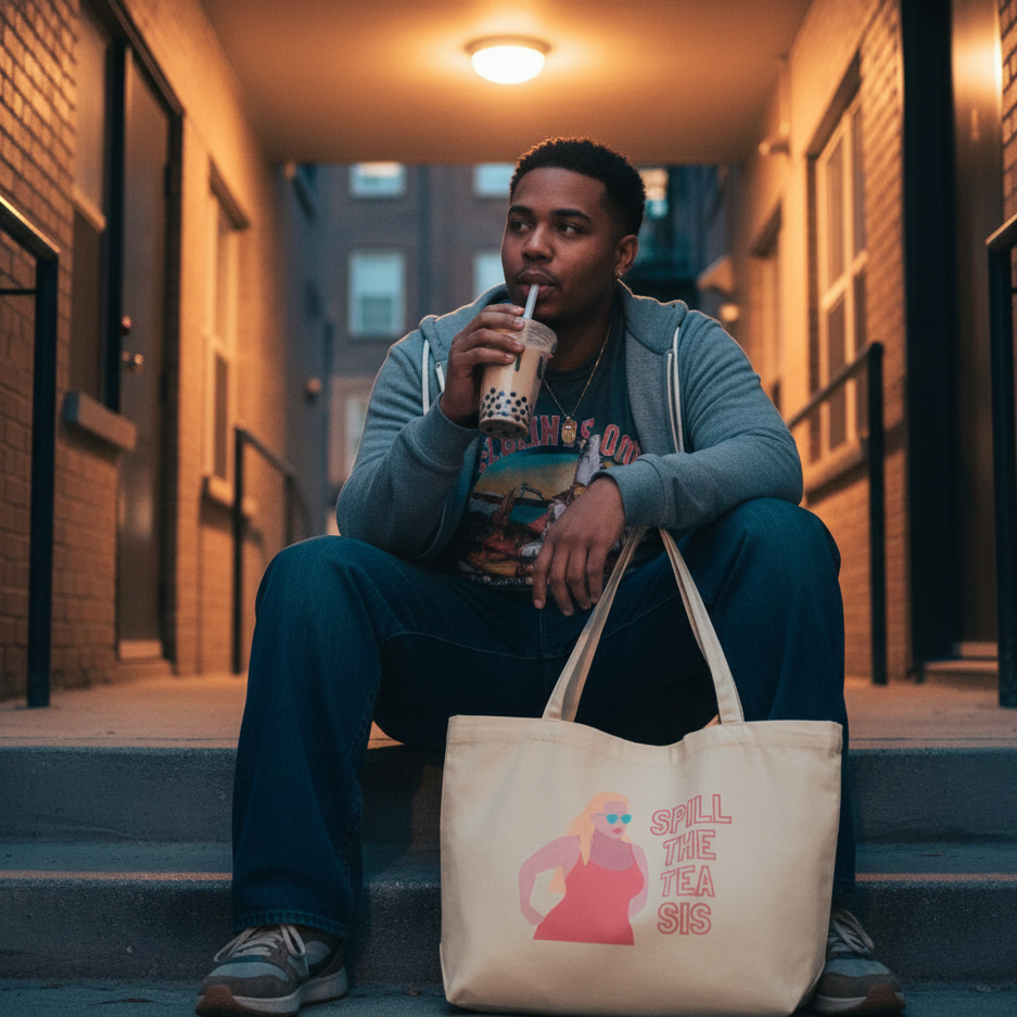 Young man with bubble tea holds the Spill The Tea Sis Large Organic Tote Bag, featuring a woman in sunglasses. The eco-friendly tote embodies self-expression, perfect for strutting with pride and confidence.