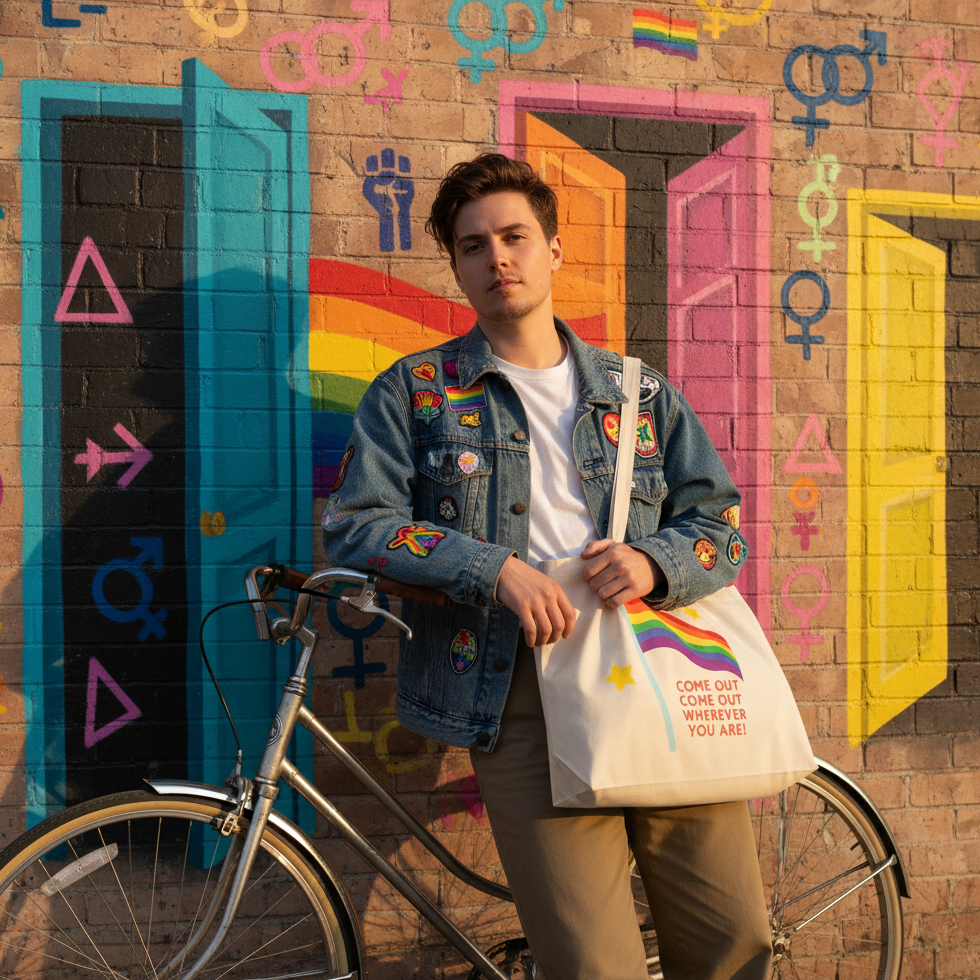 A young person, embodying queer pride, leans against a bicycle with the Come Out Come Out Large Organic Tote Bag, showcasing its rainbow design and empowering message in front of a vibrant mural.