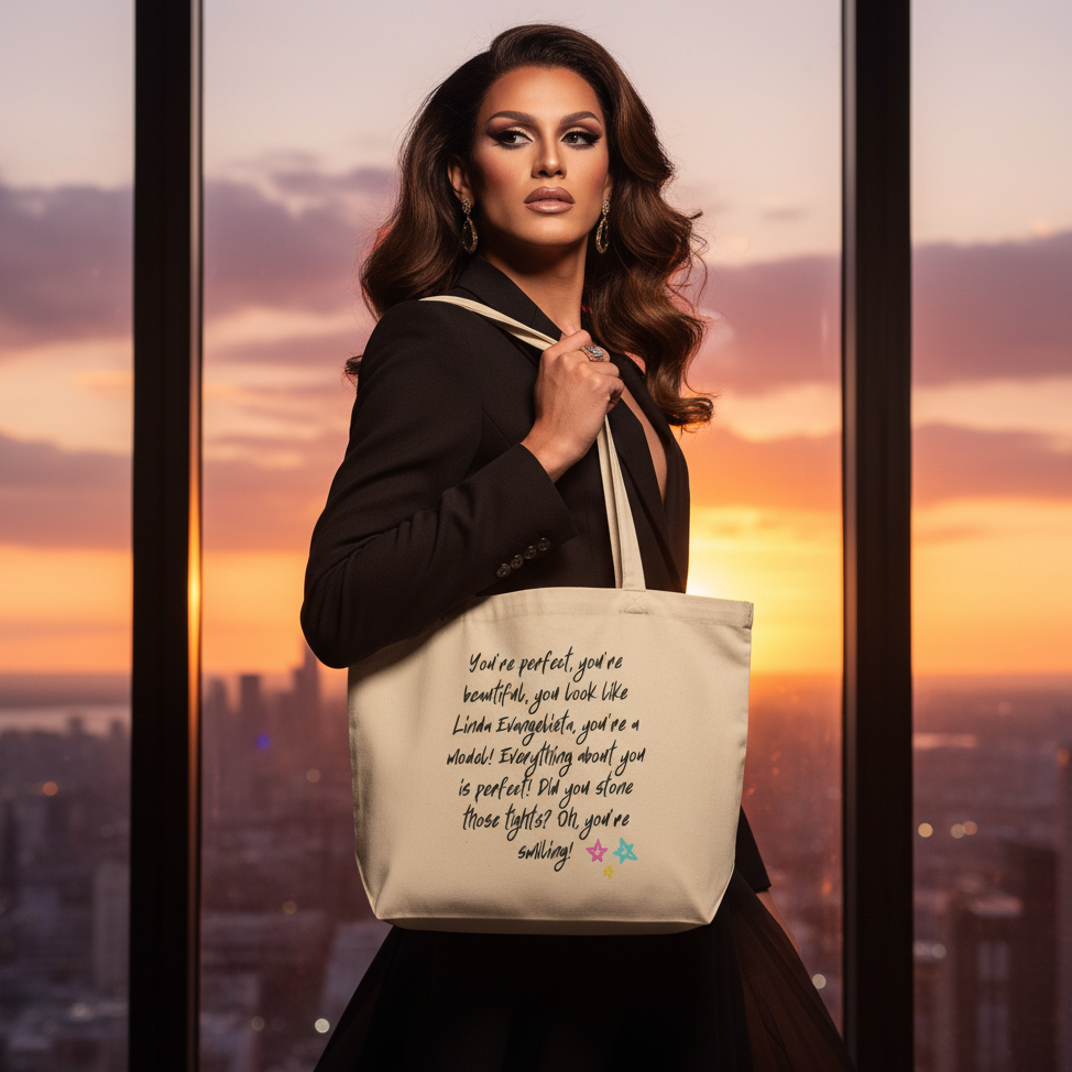 You Look Like Linda Evangelista Large Organic Tote Bag held by a glam individual, exuding bold queer energy against a city sunset, showcasing empowering script and star doodles, perfect for confident, eco-conscious self-expression.