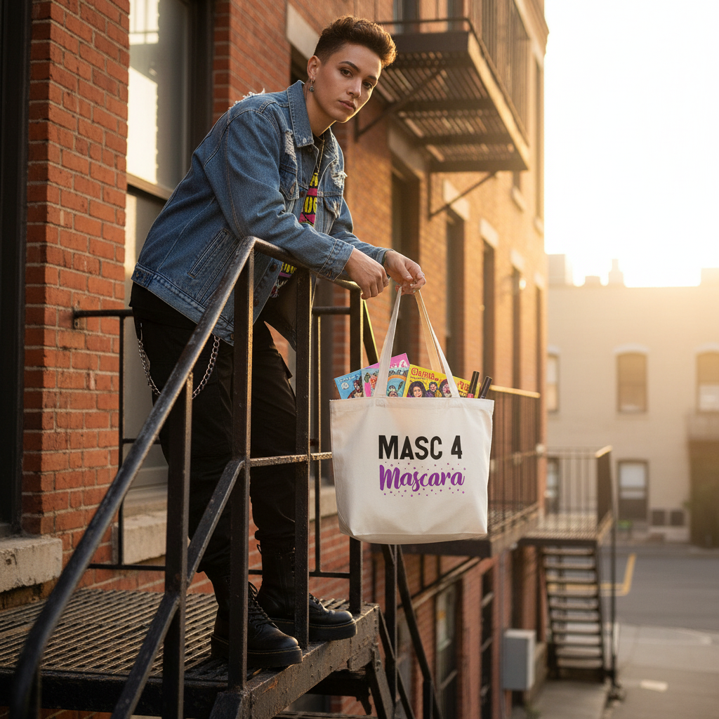 Masc 4 Mascara organic tote bag held on an urban fire escape, filled with magazines and art supplies