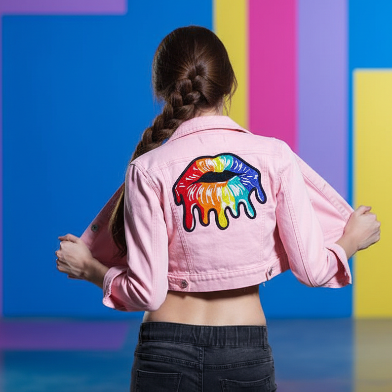 Large rainbow LGBT lips iron-on embroidered patch pops on a light pink jacket, person with brown braid, bold blue, yellow