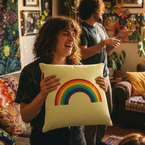 In a vibrant, plant-filled room with string lights, a curly-haired person smiles holding a Rainbow Pillow