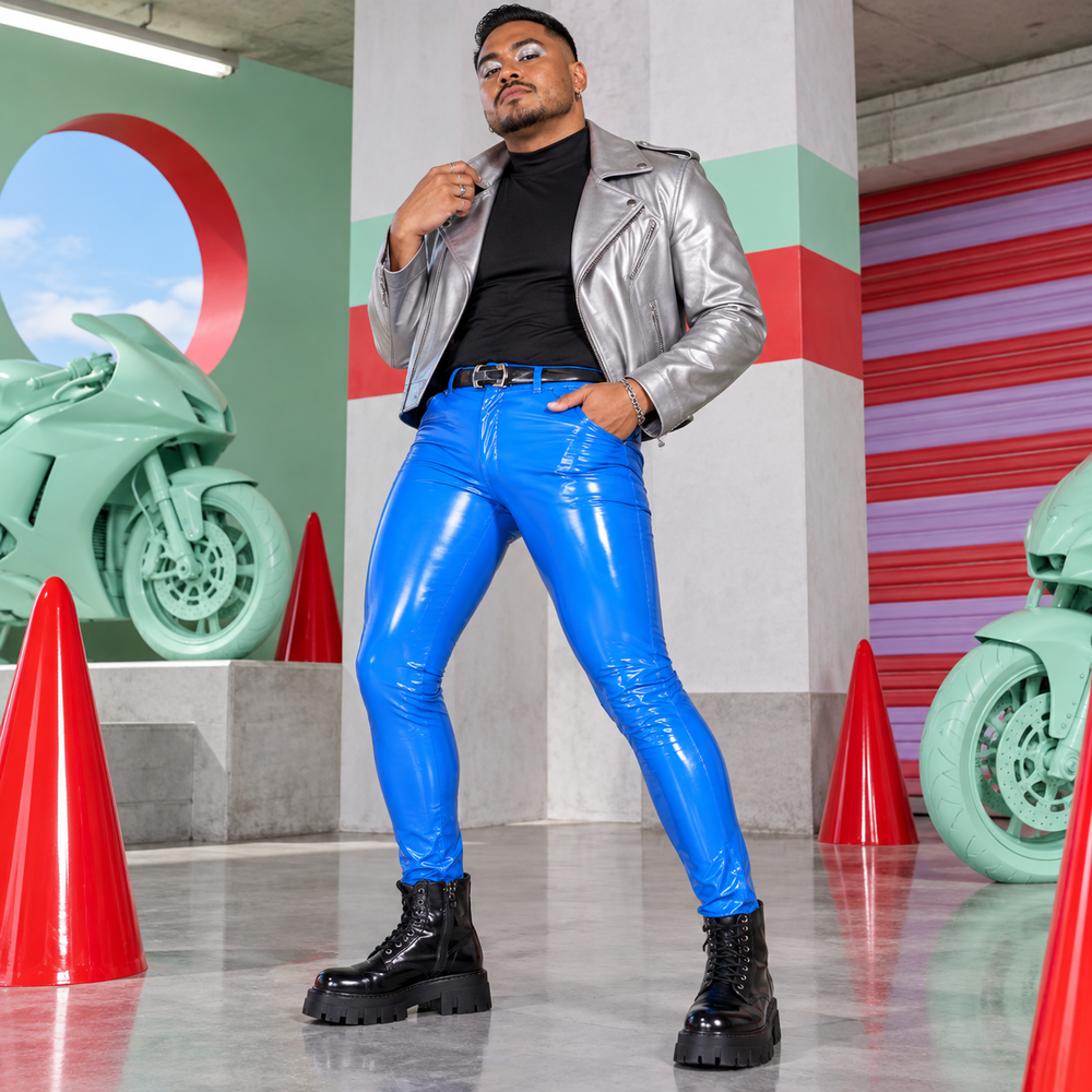 ARTPOP CHAOS Avant-Garde Art Editorial sky blue glossy skinny biker trousers