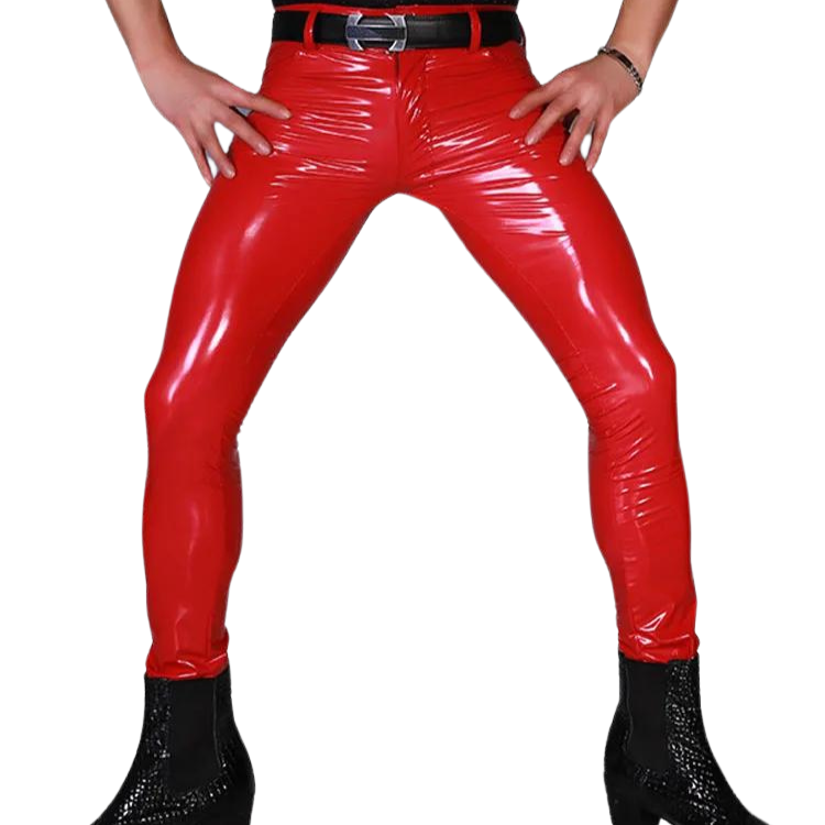 Front view of a model wearing glossy red latex-look skinny pants with a black belt