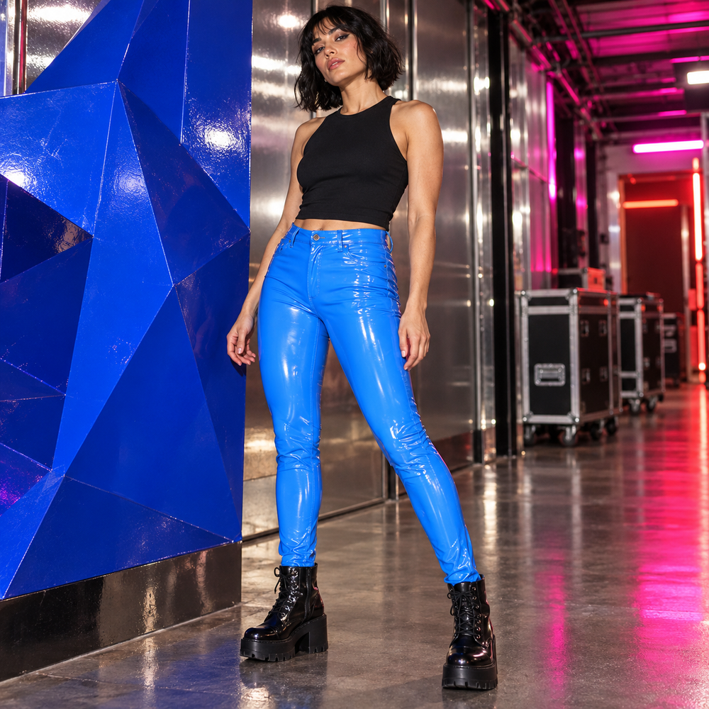 Latex Luxe Biker Skinny Leather Pants in Sky Blue.