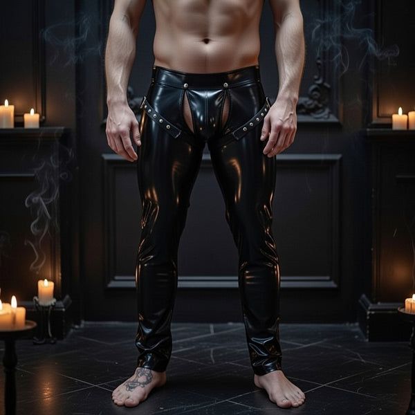 Barefoot person in a dim, candlelit room wears shiny black Latex Open Crotch Pants with metallic accents