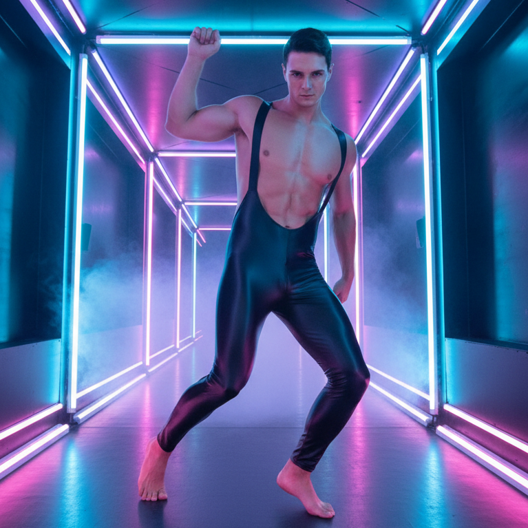 Model wearing a black latex overall bodysuit with suspender straps in a neon-lit corridor