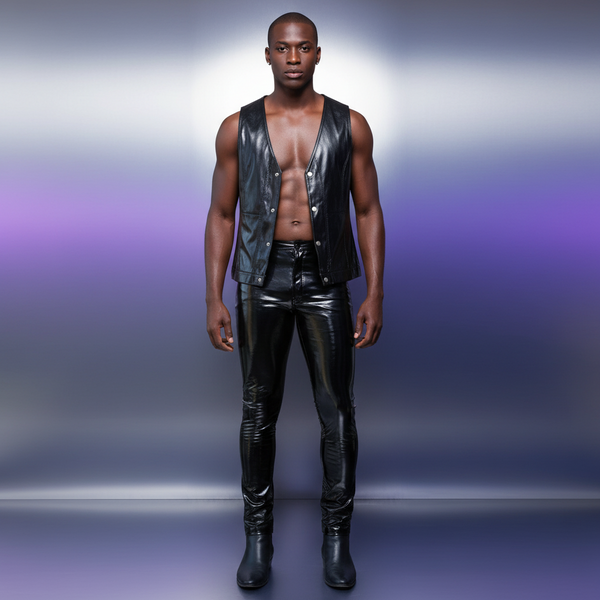 Front-view model wearing shiny black skinny leather pants with knee ruching