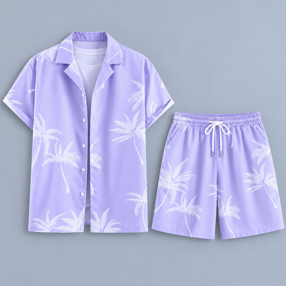 Lavender palm-print short-sleeve shirt and matching shorts shown completely against a muted slate background.