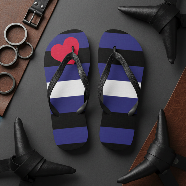 Leather Pride flip-flops show flag colors and a red heart, with black restraints and brown leather straps