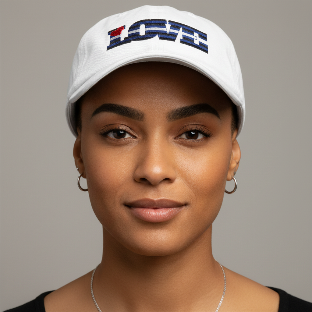 Leather Pride Love Cap with "LOVE" embroidered, worn by a person of color with hoop earrings and a silver necklace