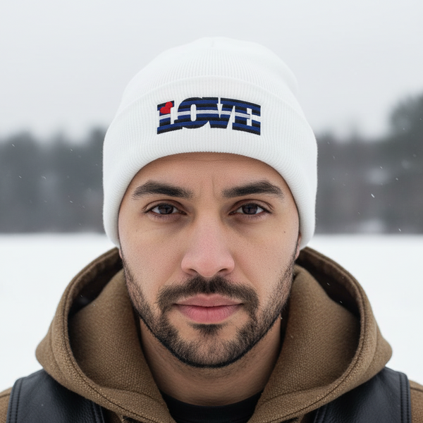 Unisex Leather Pride Love Cuffed Beanie, blue, black, and red, with 