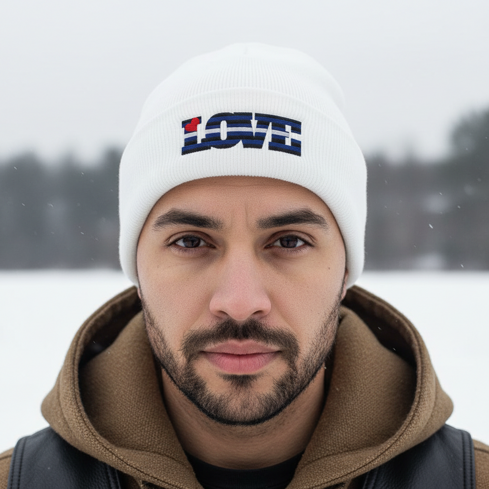 Unisex Leather Pride Love Cuffed Beanie, blue, black, and red, with "LOVE" and maple leaf—LGBTQ+ winter gear, snowy day.