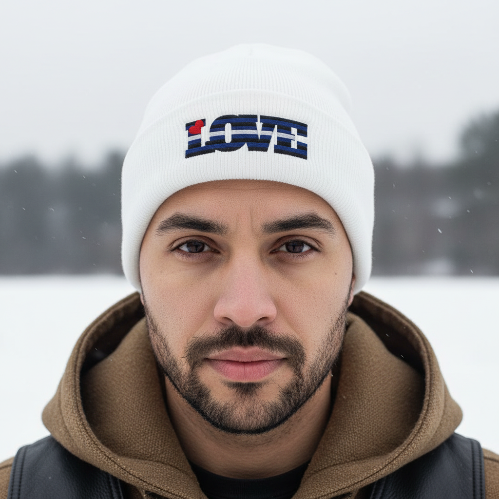 Unisex Leather Pride Love Cuffed Beanie, blue, black, and red, with "LOVE" and maple leaf—LGBTQ+ winter gear, snowy day.
