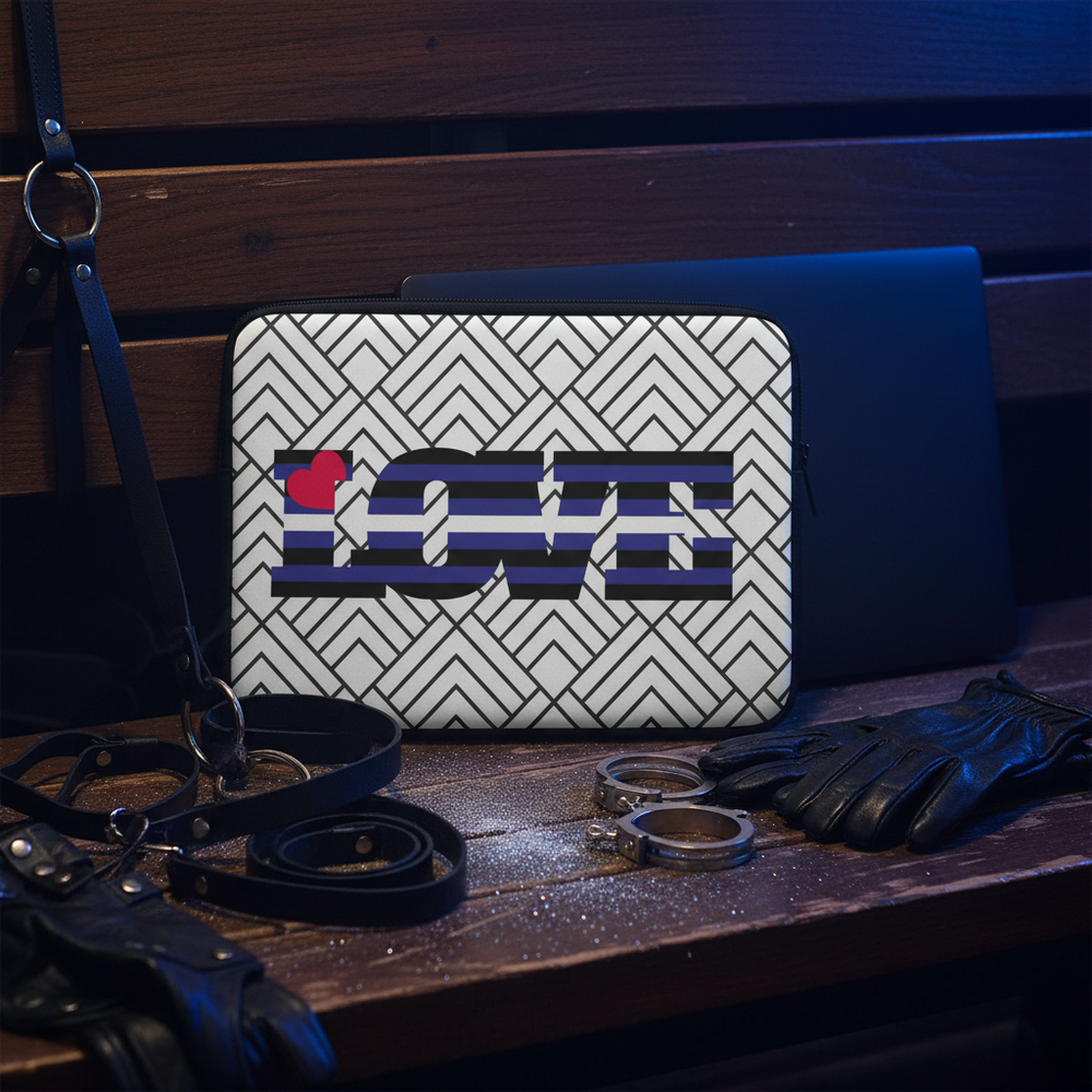 Leather Pride laptop sleeve with black-and-white geometric stripes, “LOVE” in bold, red heart for the O