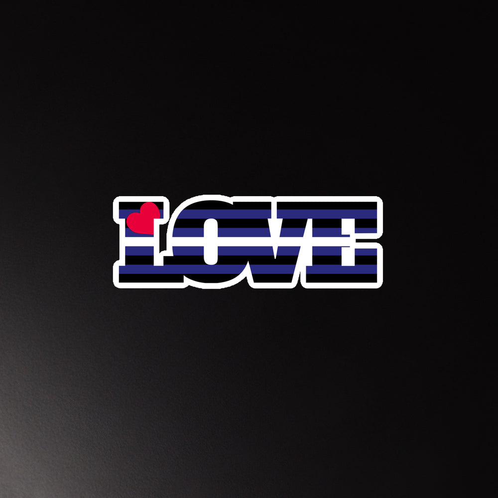 LOVE magnet with black and blue horizontal stripes, white outlines, and a red heart on the L