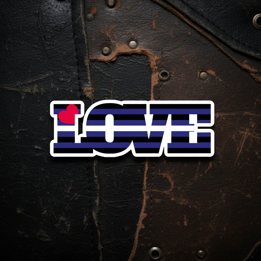 Leather Pride Love Magnet with bold LOVE text, dark blue, black, and white stripes, red heart O