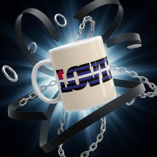 Angled white mug with a stylized LOVE design, black straps, and silver chains
