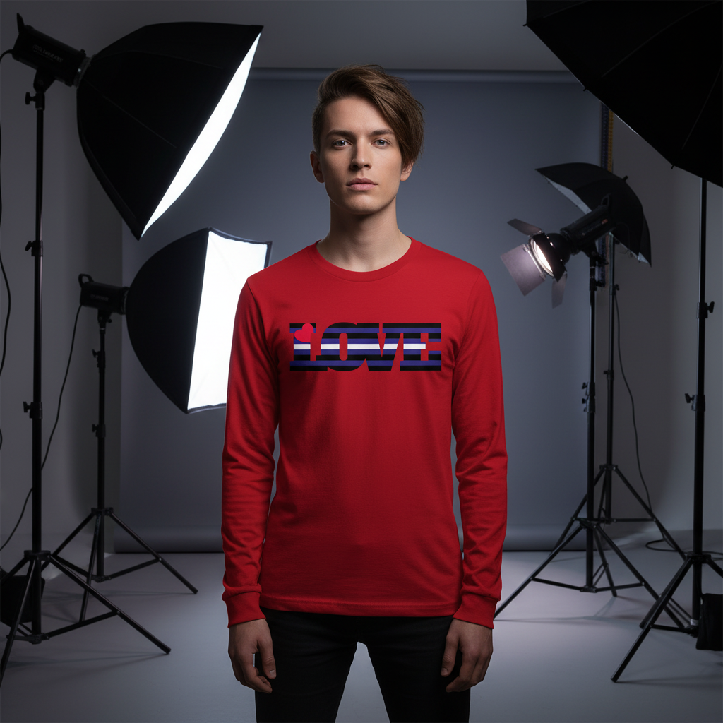 Front-facing model in a red long-sleeve shirt with striped LOVE lettering in a studio