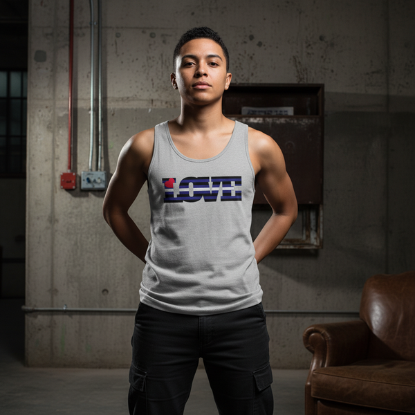 LeaTher Pride Love Unisex Tank Top in light gray with bold striped 
