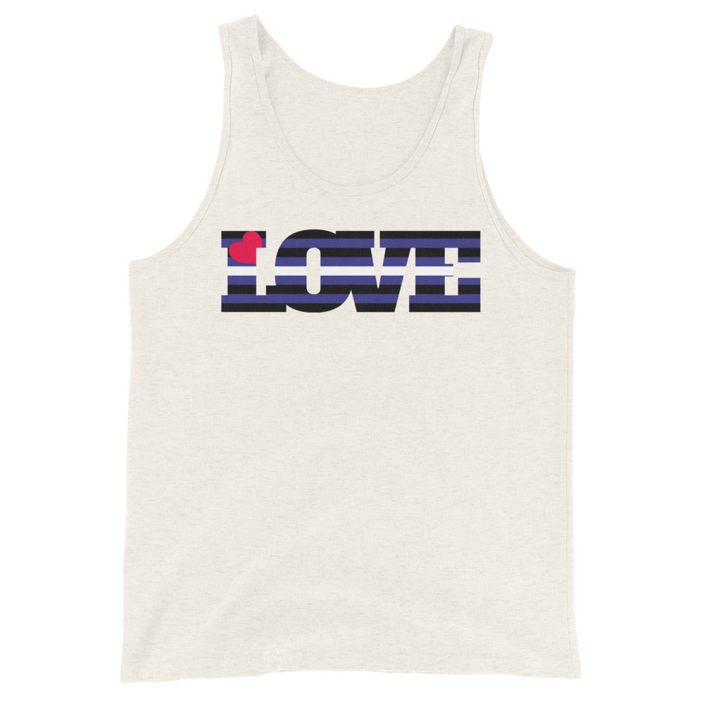 Cream LeaTher Pride Love unisex tank with “LOVE” in black, blue, and white stripes; red heart “O” nods to leather flag.