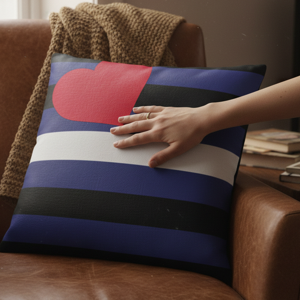Leather Pride Premium Pillow—black, blue, and white stripes with a red heart—on brown leather chair