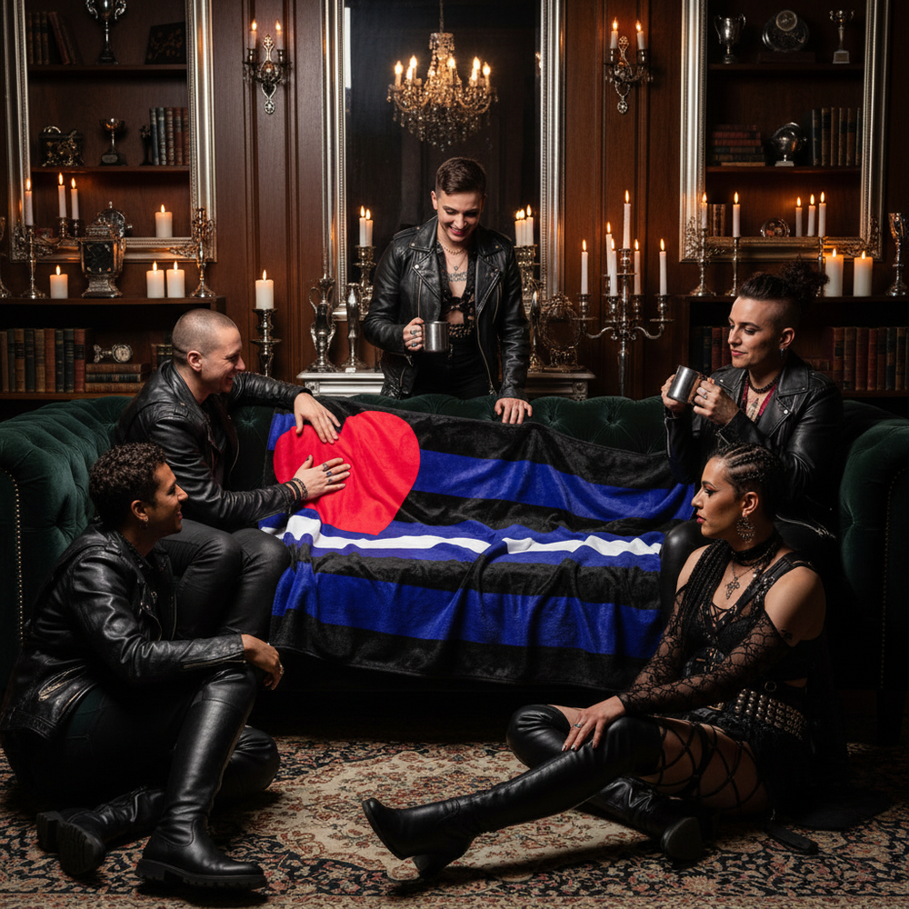 Leather Pride Throw Blanket in classic black, blue, white, and red heart drapes a couch