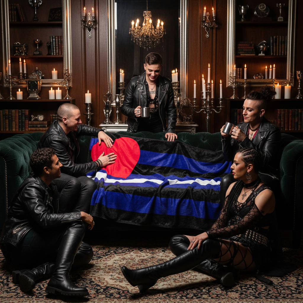 Leather Pride Throw Blanket in classic black, blue, white, and red heart drapes a couch