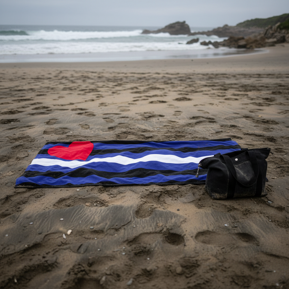 Leather Pride towel with black, blue, and white stripes plus a red heart on sand by a black bag