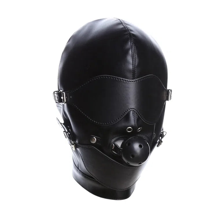 Front three-quarter view of a black leather sensory-deprivation hood with a covered face and breathing fixture