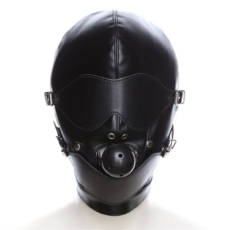 Front-facing black leather hood with a built-in blindfold and round ball gag