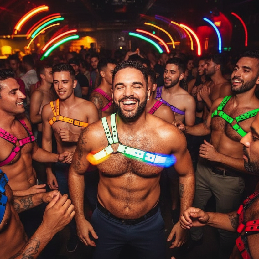 Shirtless people in a club wearing colorful leather chest harnesses; central person wears a white one