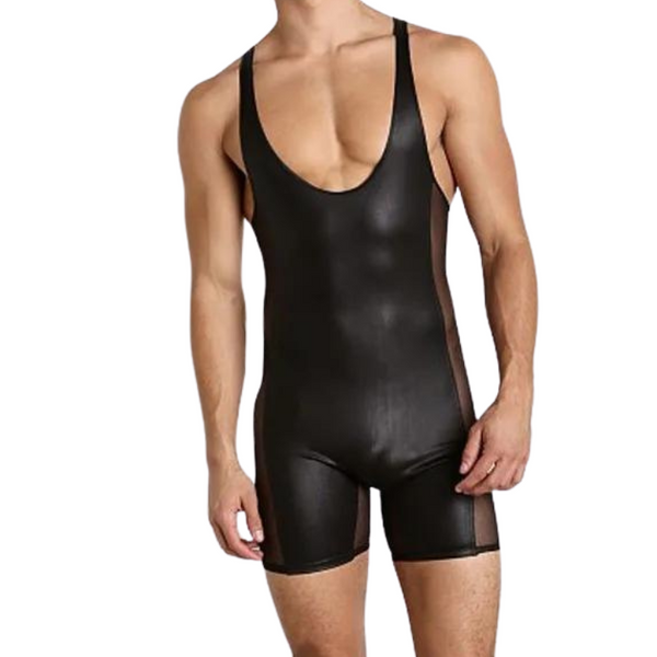 Front view of a model wearing a black sleeveless faux-leather bodysuit with fitted shorts