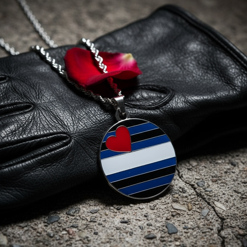 Leather pride pendant necklace with blue, white, and black stripes and a red heart
