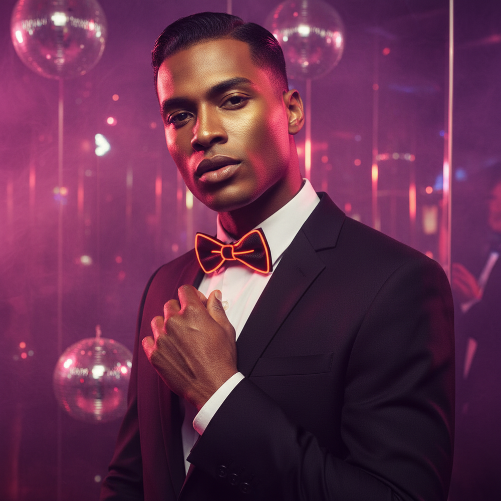 Person in a tuxedo wearing a glowing orange LED bow tie at a disco-lit event