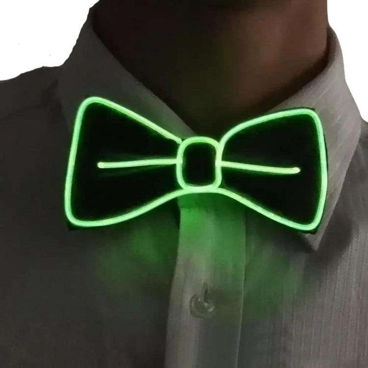 Close-up of a black shirt collar wearing a bright green glowing LED bow tie