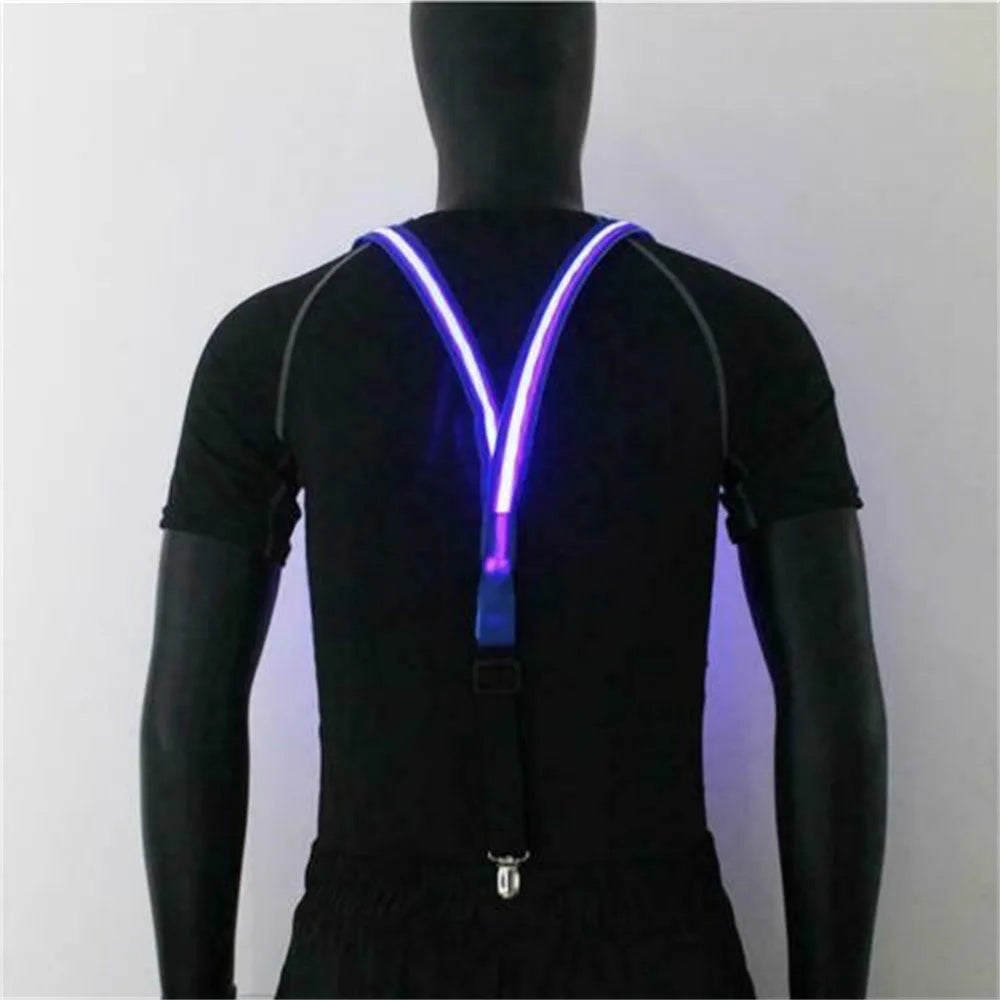 Back view of a mannequin wearing black suspenders with glowing blue-purple LED strips