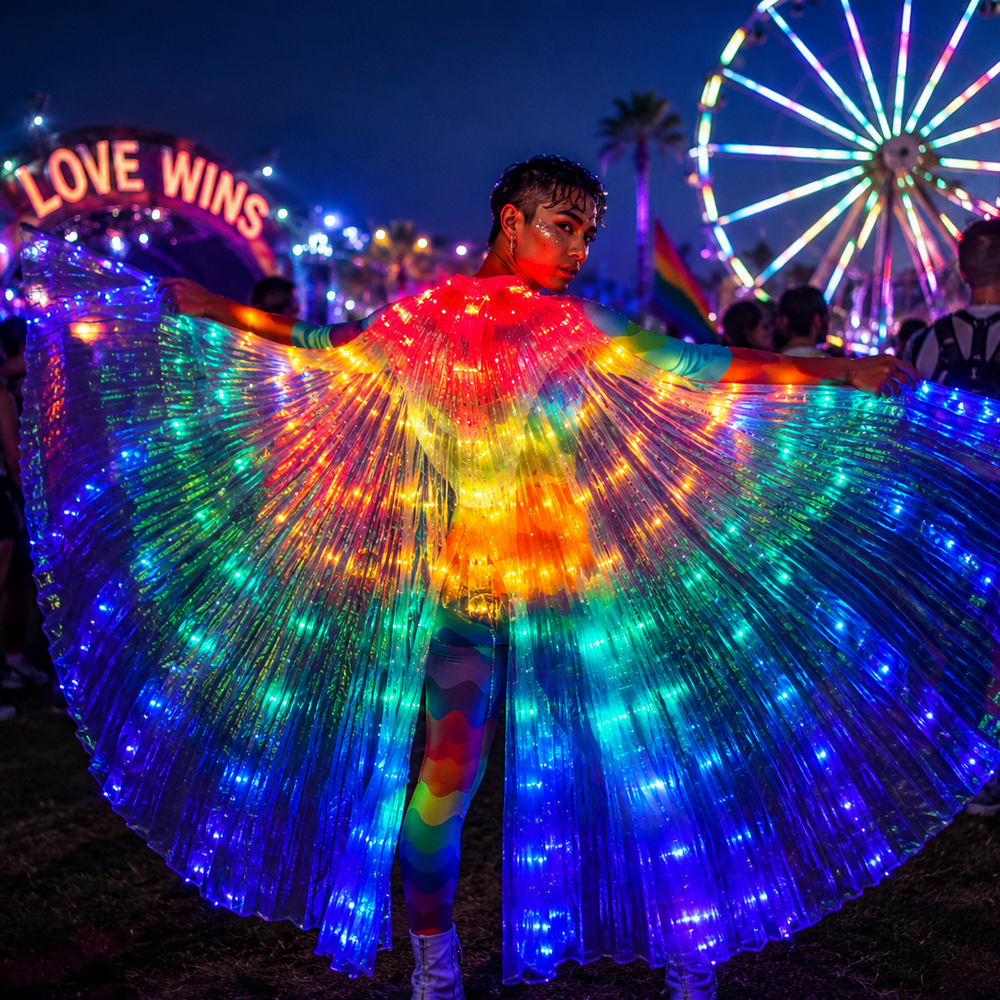 Model wearing large rainbow LED fairy wings at a nighttime festival