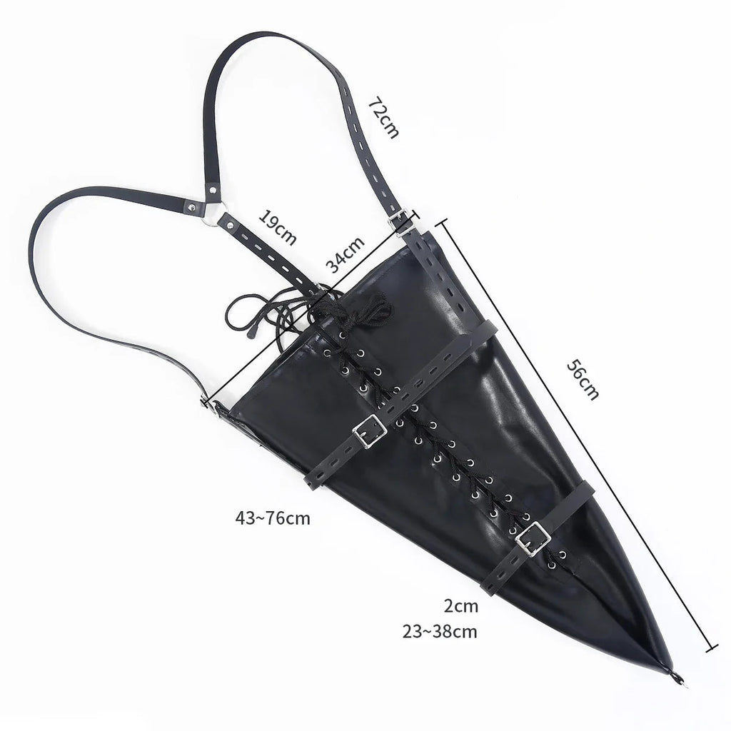 Black faux-leather bondage restraint bag with straps, buckles, lacing, and measurement labels