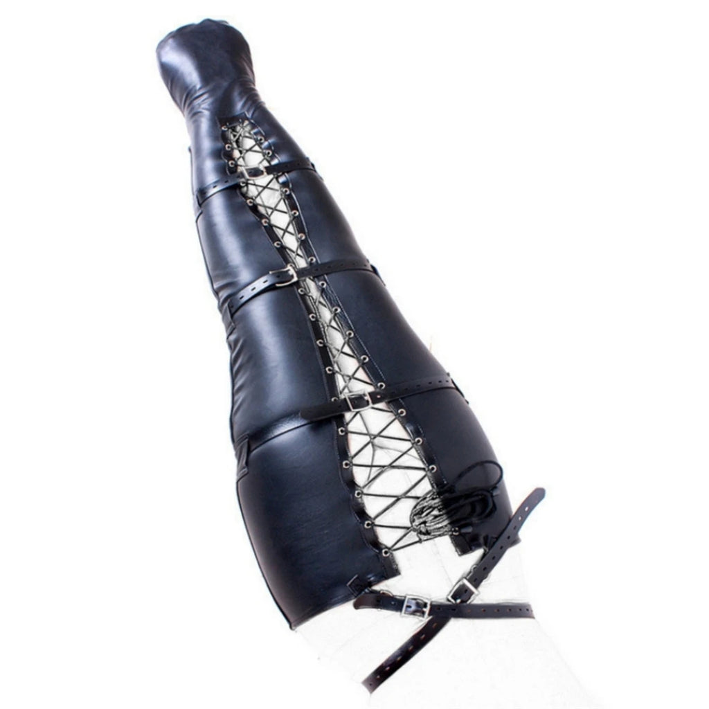 Black leather bondage restraint bag with lacing, straps, and buckles, shown diagonally