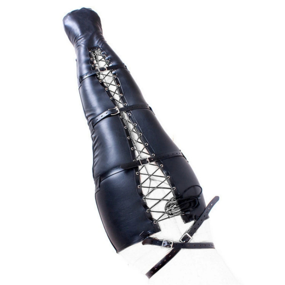 Black leather bondage restraint bag with lacing, straps, and buckles, shown diagonally