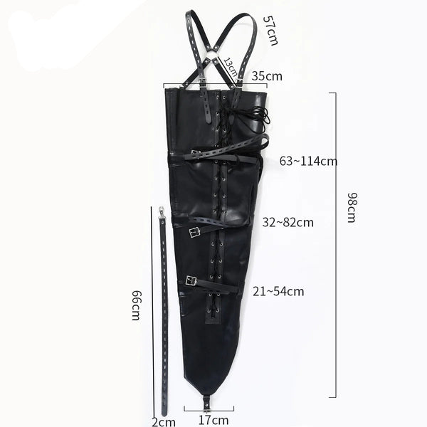 Black leather leg-and-arm bondage restraint bag laid flat with straps and size measurements