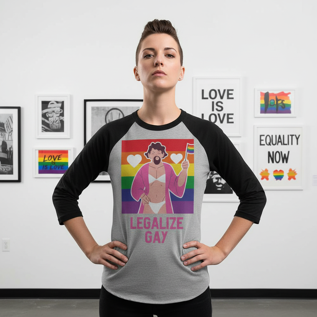 Front-facing model wears a gray-and-black raglan shirt reading “LEGALIZE GAY” with a rainbow graphic.
