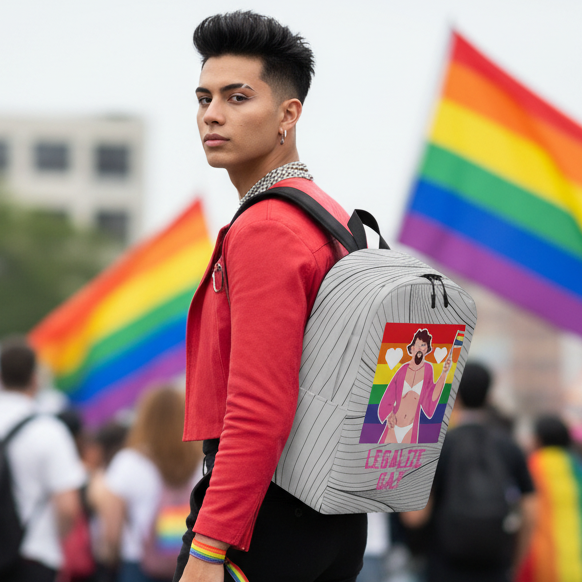 Legalize Gay Minimalist Backpack with colorful stripes and cartoon art