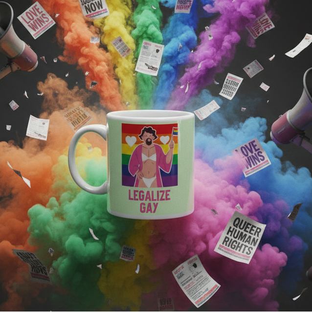 White mug reading “LEGALIZE GAY” with a rainbow illustration amid colorful smoke and flyers
