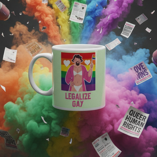 White mug reading “LEGALIZE GAY,” with a rainbow-striped cartoon figure and hearts