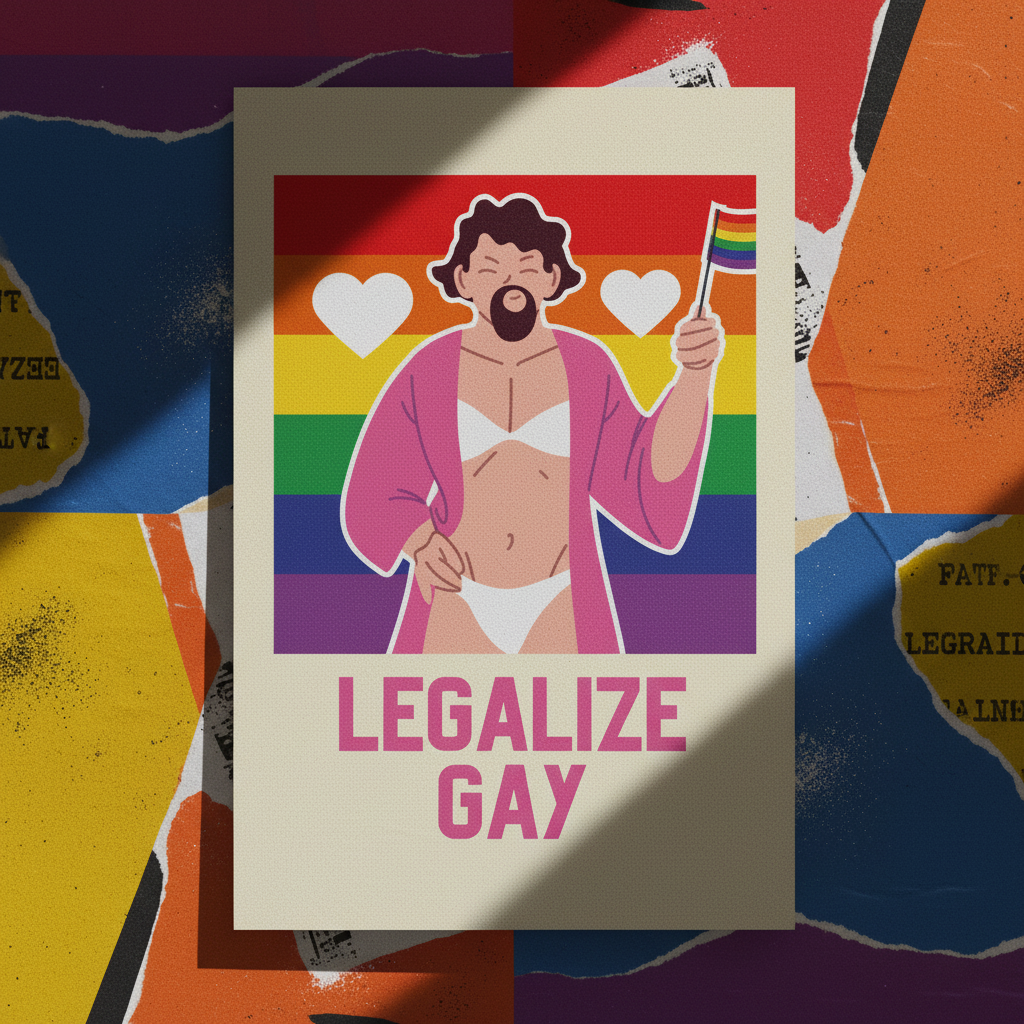 Legalize Gay postcard shows a person in white undies, pink robe, waving a rainbow flag on rainbow with hearts