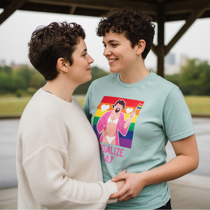Legalize Gay T-shirt with a bold, colorful cartoon and “LEGALIZE GAY” text, worn by people holding hands in a cloudy park