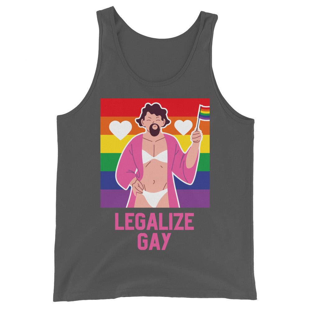 Dark gray tank top with a Pride-striped illustration and pink “LEGALIZE GAY” text