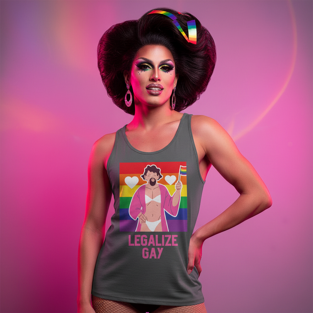Legalize Gay Unisex Tank Top, pink and purple, rainbow flag, hearts, “LEGALIZE GAY,” drag queen with fierce hair and makeup.